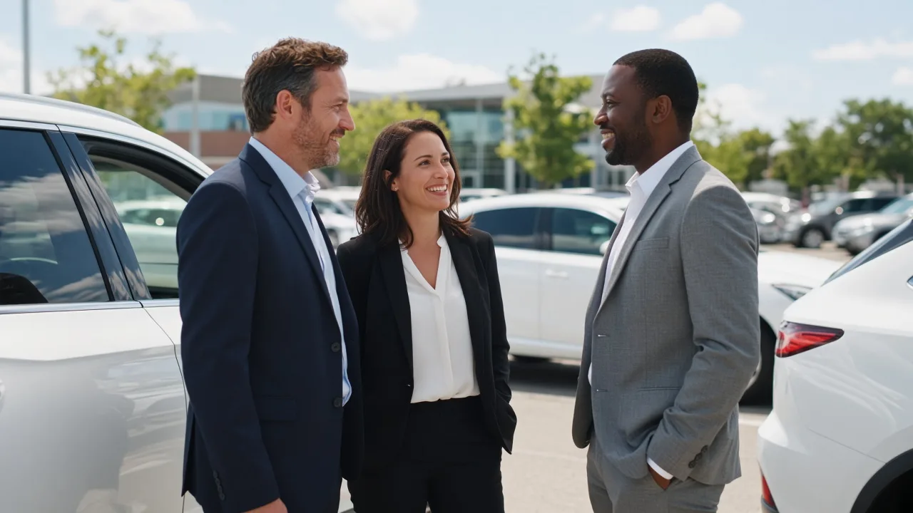 Three professionals talk beside plain white cars on a sunny lot.