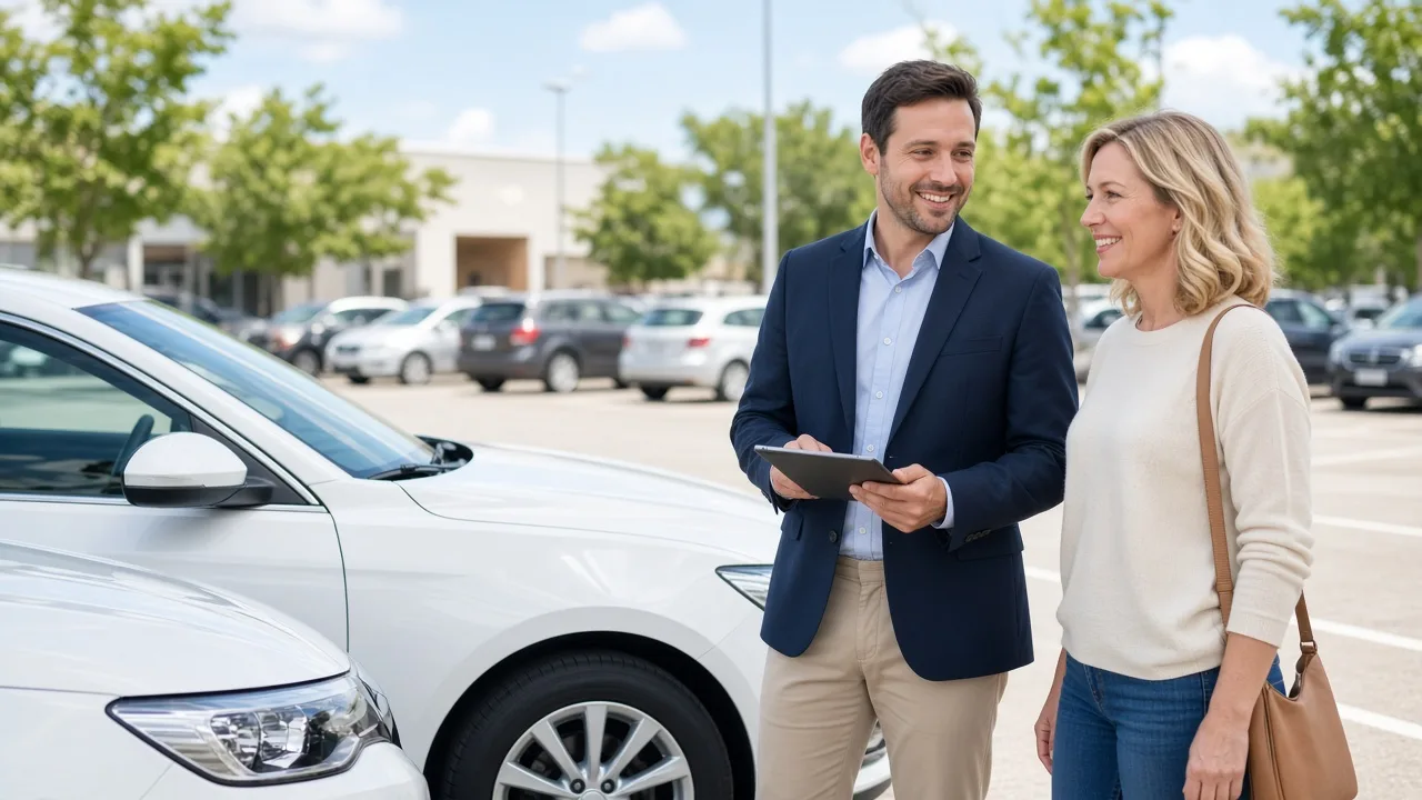 An advisor and a customer stand beside a plain white car on a sunny lot.