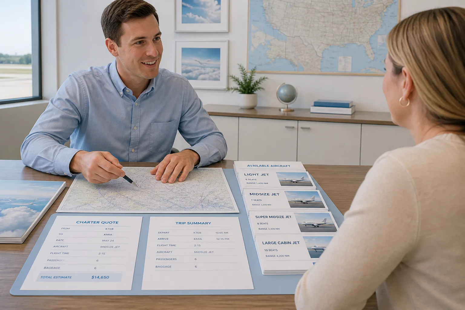 Bright USA aviation desk with flight charts and consultation cards