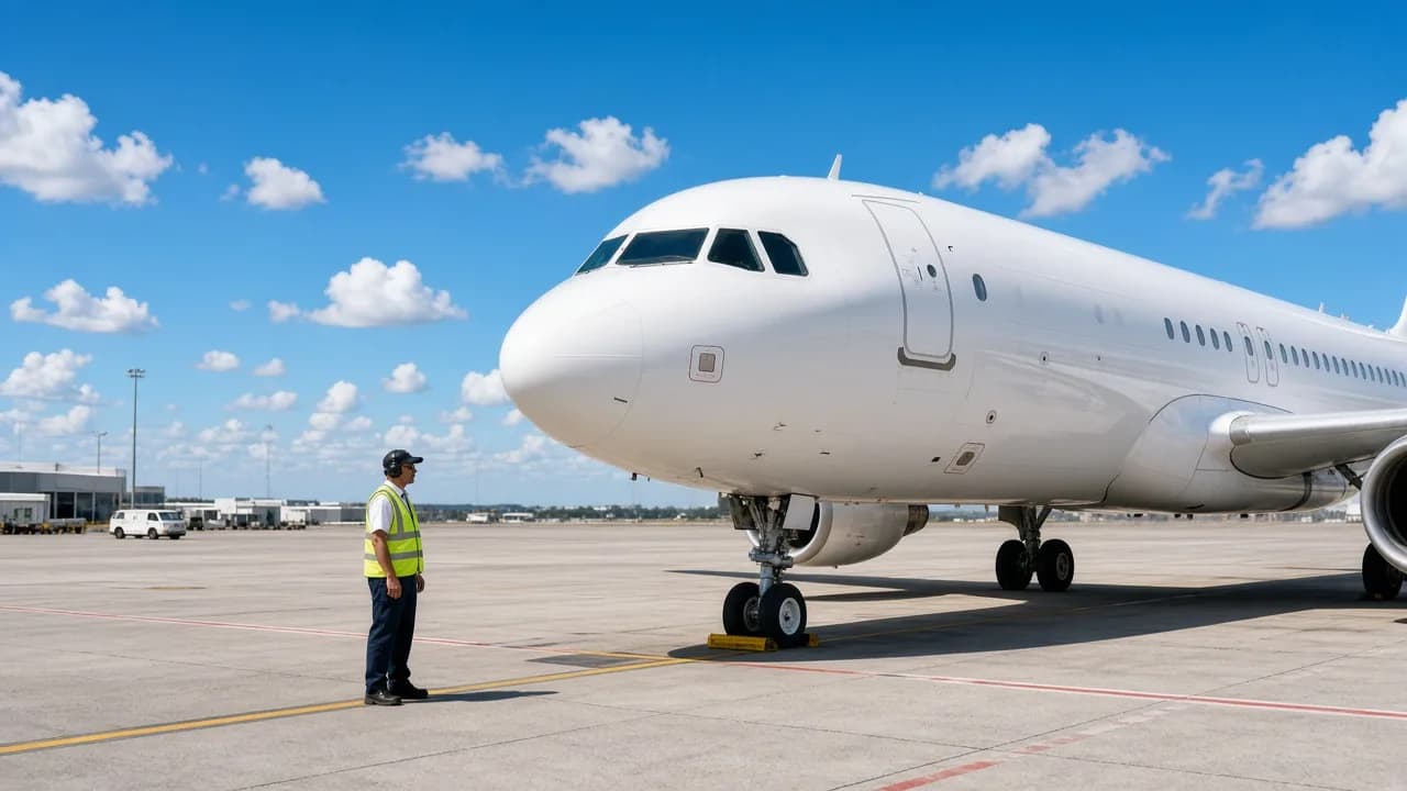 A coordinator stands near the nose of a white airplane on a sunny airport apron.