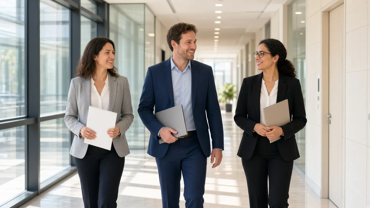 Three colleagues walk a sunny office corridor with blank folders.