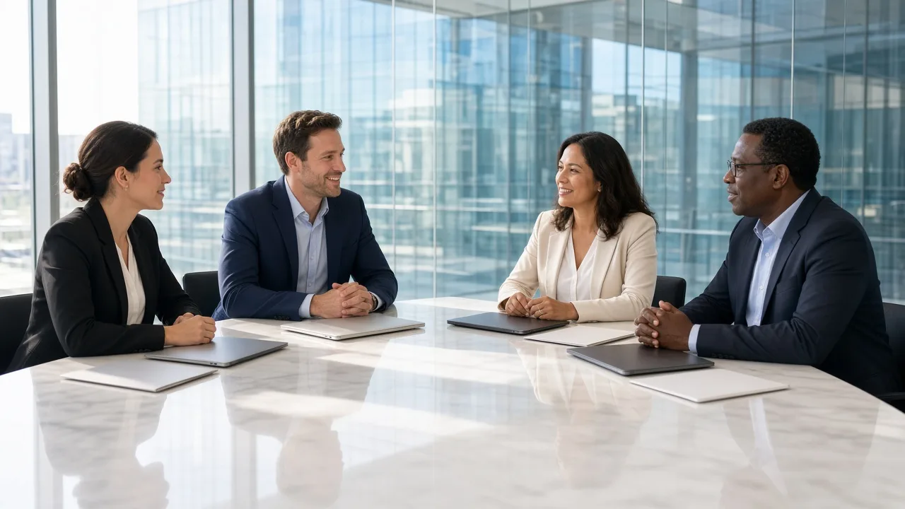 Four finance professionals meet in a sunny room with blank folders and closed laptops.
