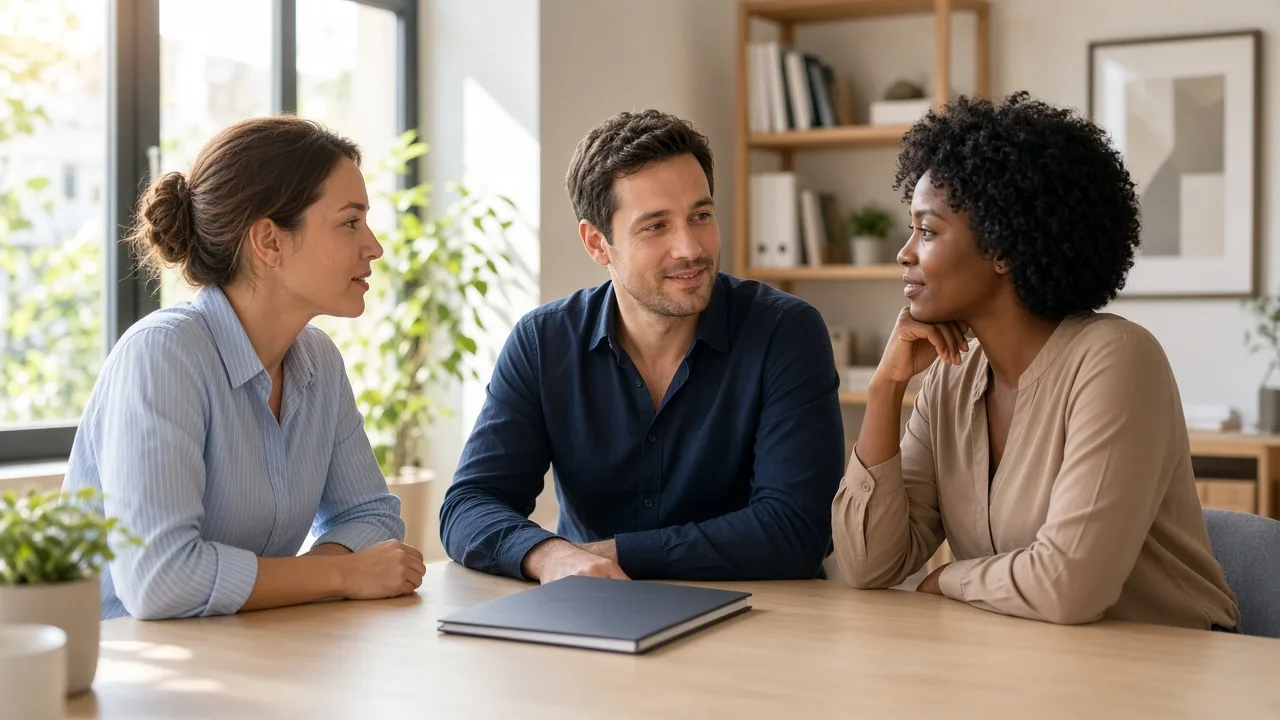 Three colleagues talk around a table in a sunny office with a closed folder.