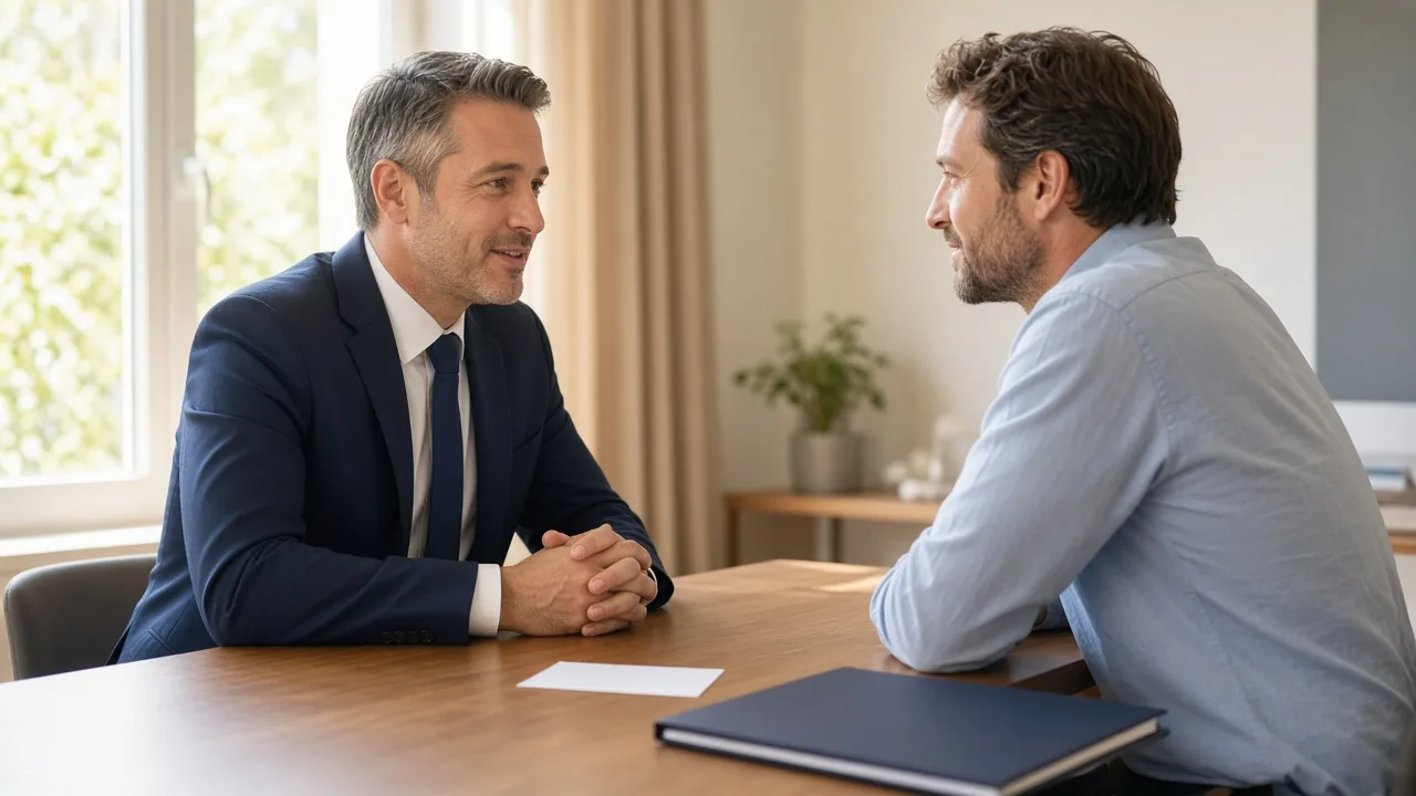 A banker and a customer talk at a sunny desk with a blank card and a closed folder.