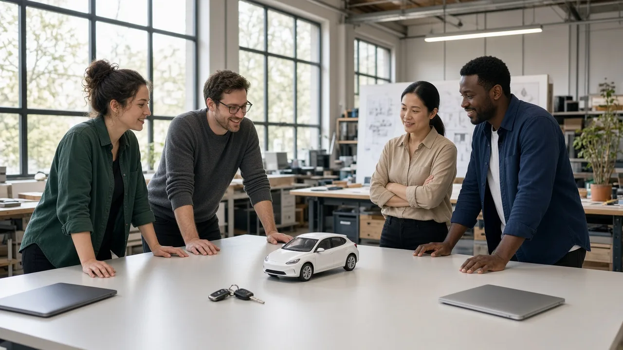 A small team planning around a table with car keys and a small unbranded car model.