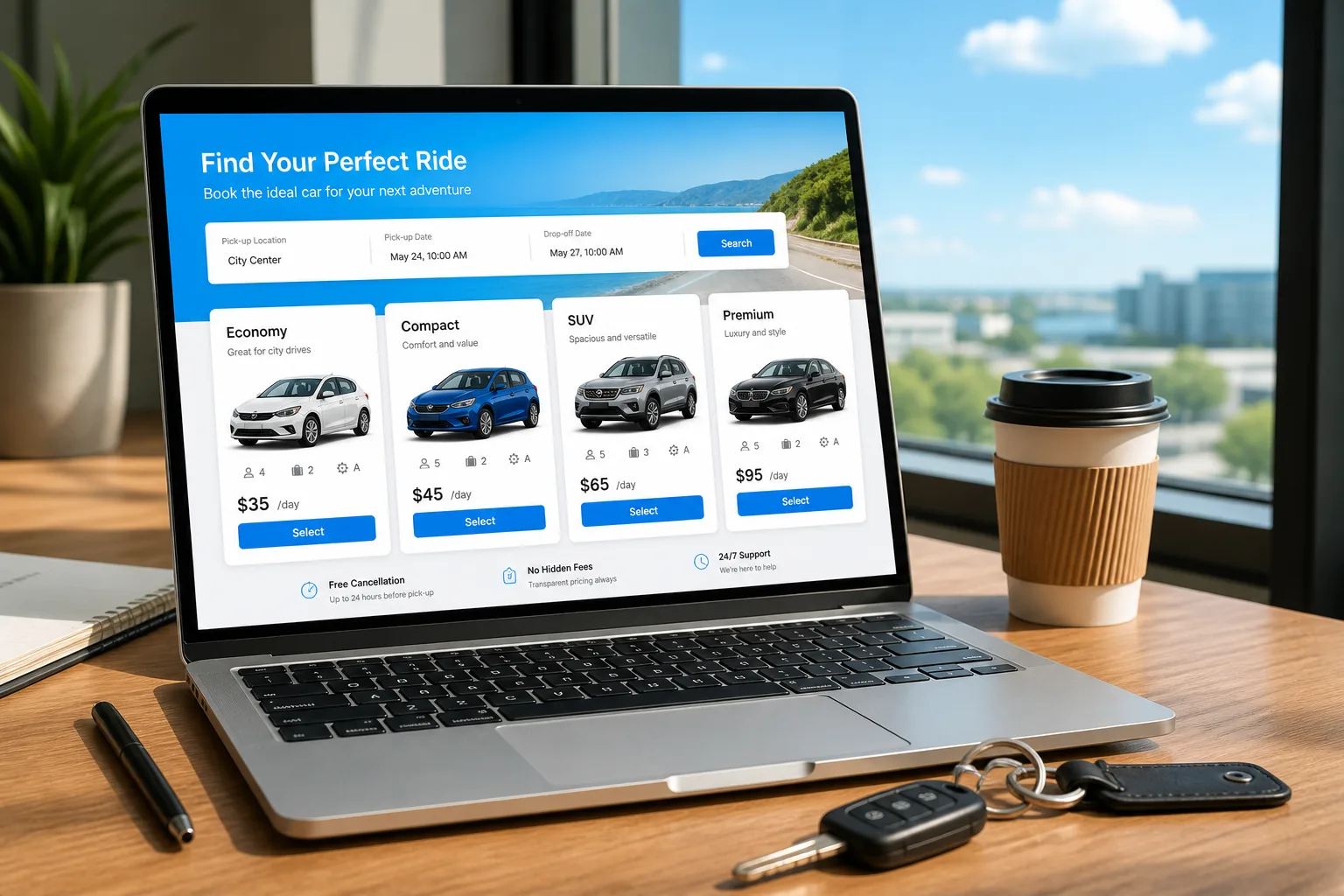 Laptop showing a car rental platform dashboard with vehicle bookings on a bright American workspace