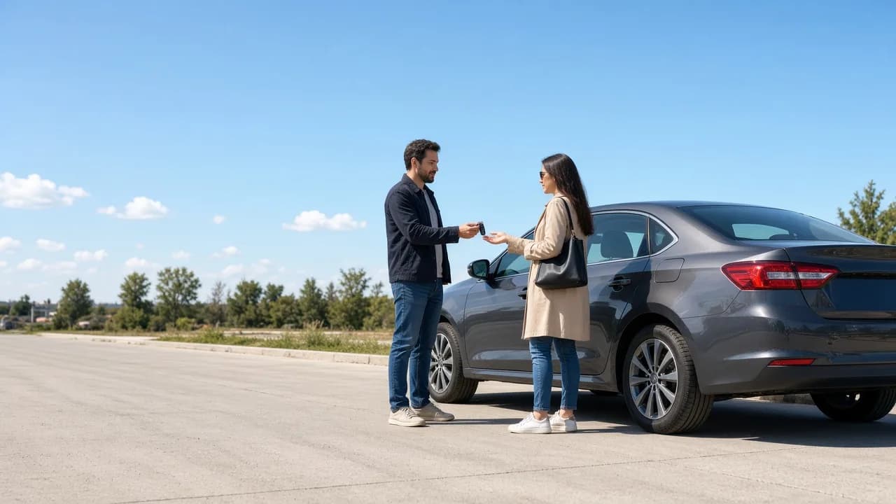A customer receiving keys beside a clean sedan in a bright outdoor pickup lane.