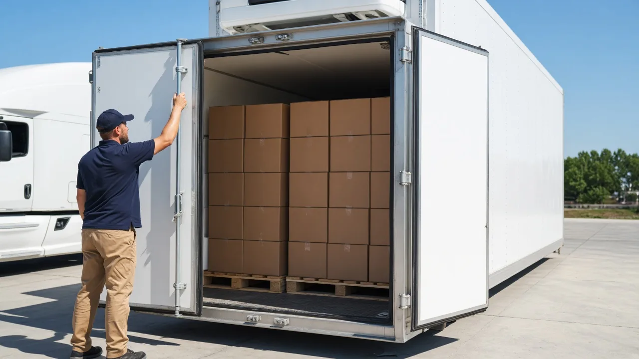 A driver closes a white refrigerated trailer filled with plain boxes in sunshine.