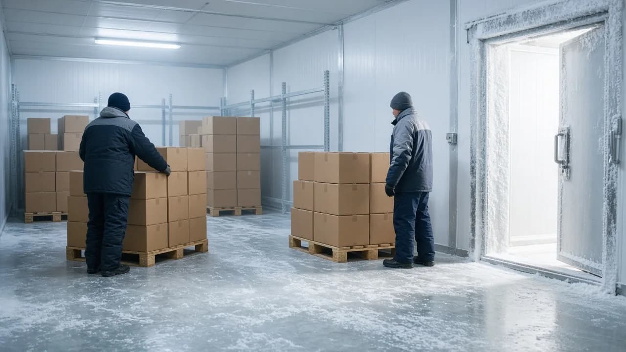 Workers move plain boxes on pallets inside a bright cold storage room.