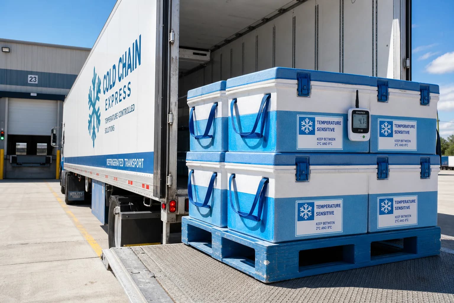 Bright USA refrigerated truck at loading dock with insulated cold crates