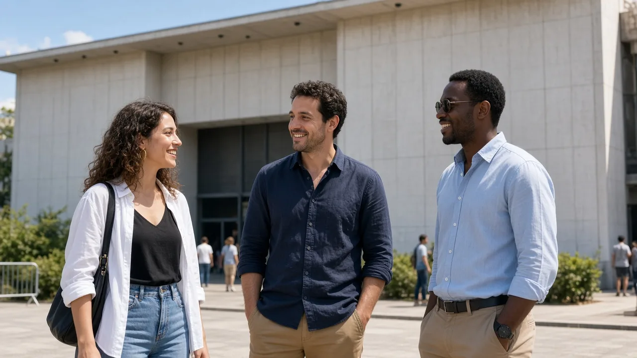 Three people talk outside a sunny concert venue with a plain facade.