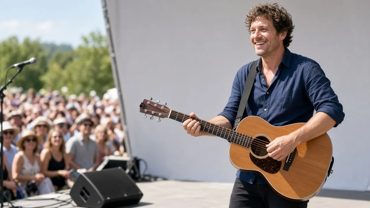 A musician plays guitar on the right of a sunny outdoor stage with a crowd nearby.