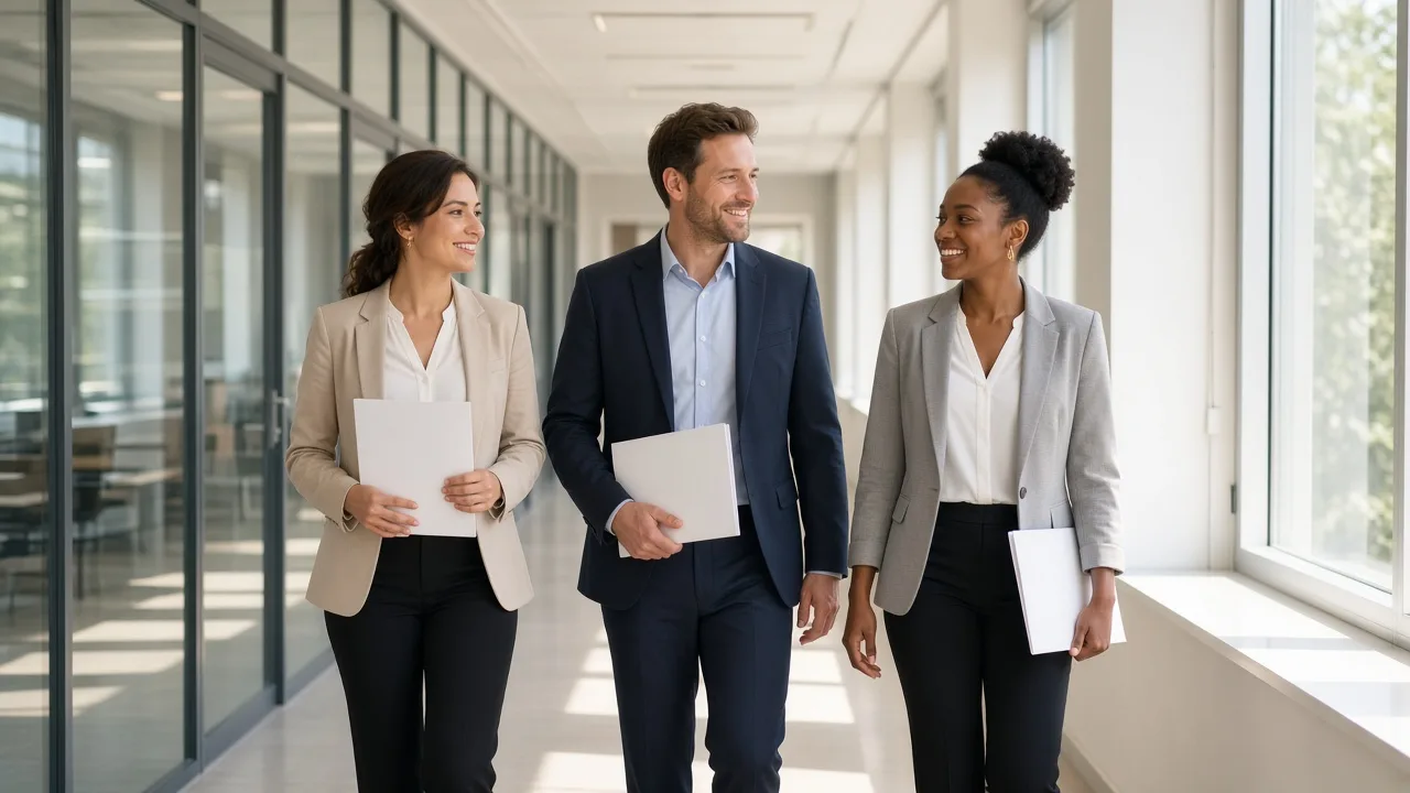Three colleagues walk a bright office corridor carrying blank folders.