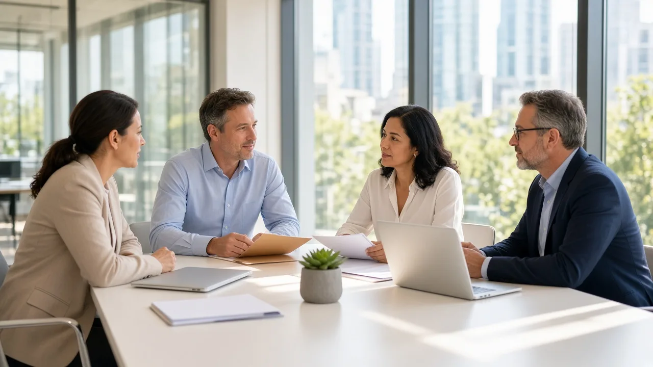 Four colleagues meet around a sunny conference table with blank folders and closed laptops.