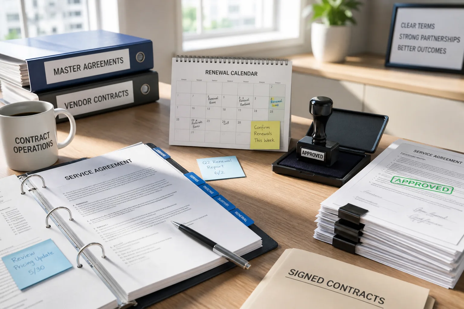 Bright USA contract office with agreement binders, stamps, and renewal calendars