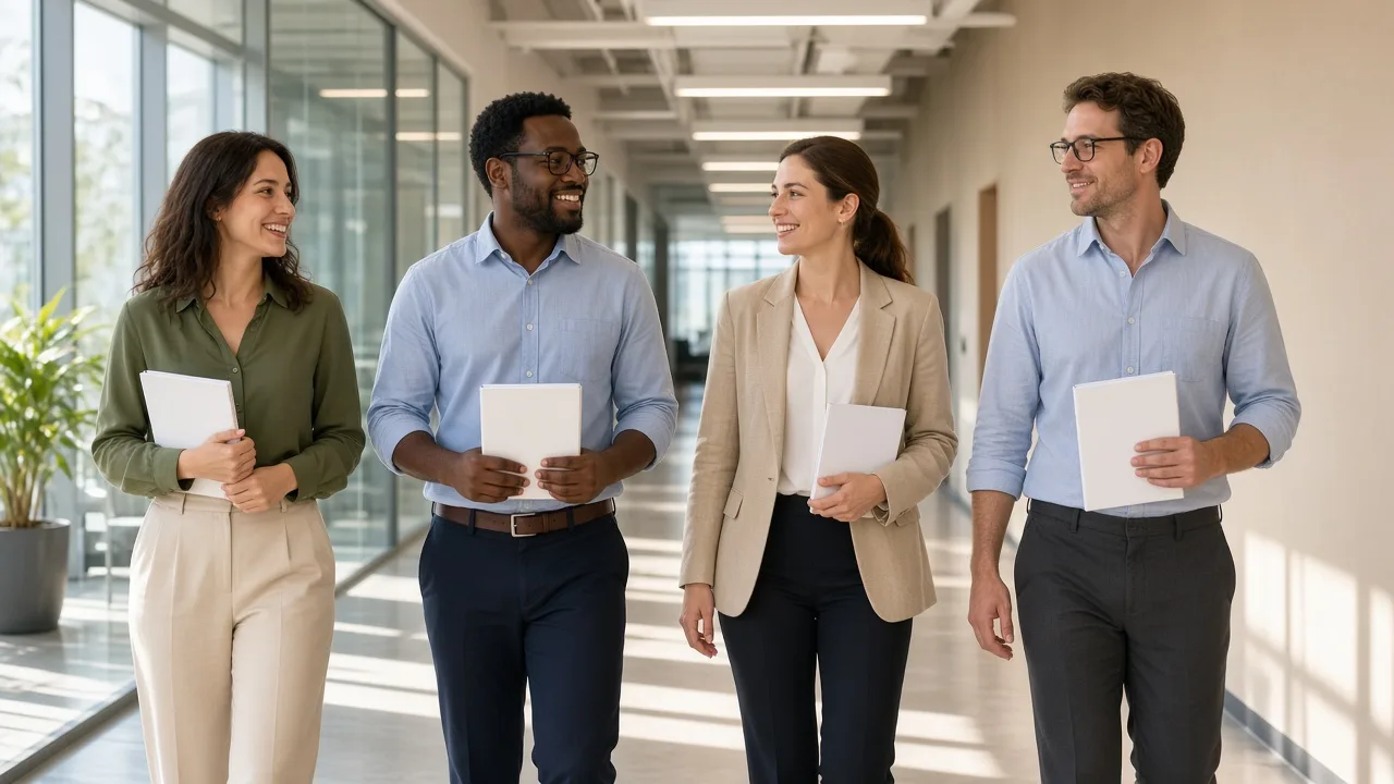 Colleagues walk a sunny office corridor carrying blank notebooks.