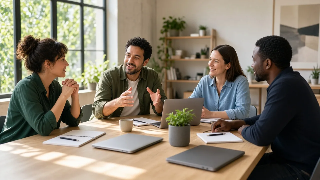 Employees sit around a sunny workshop table with closed laptops and blank notepads.