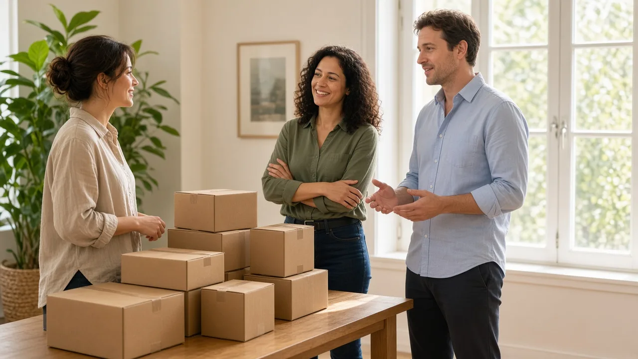 Three colleagues talk in a sunny room beside a table of plain parcels.