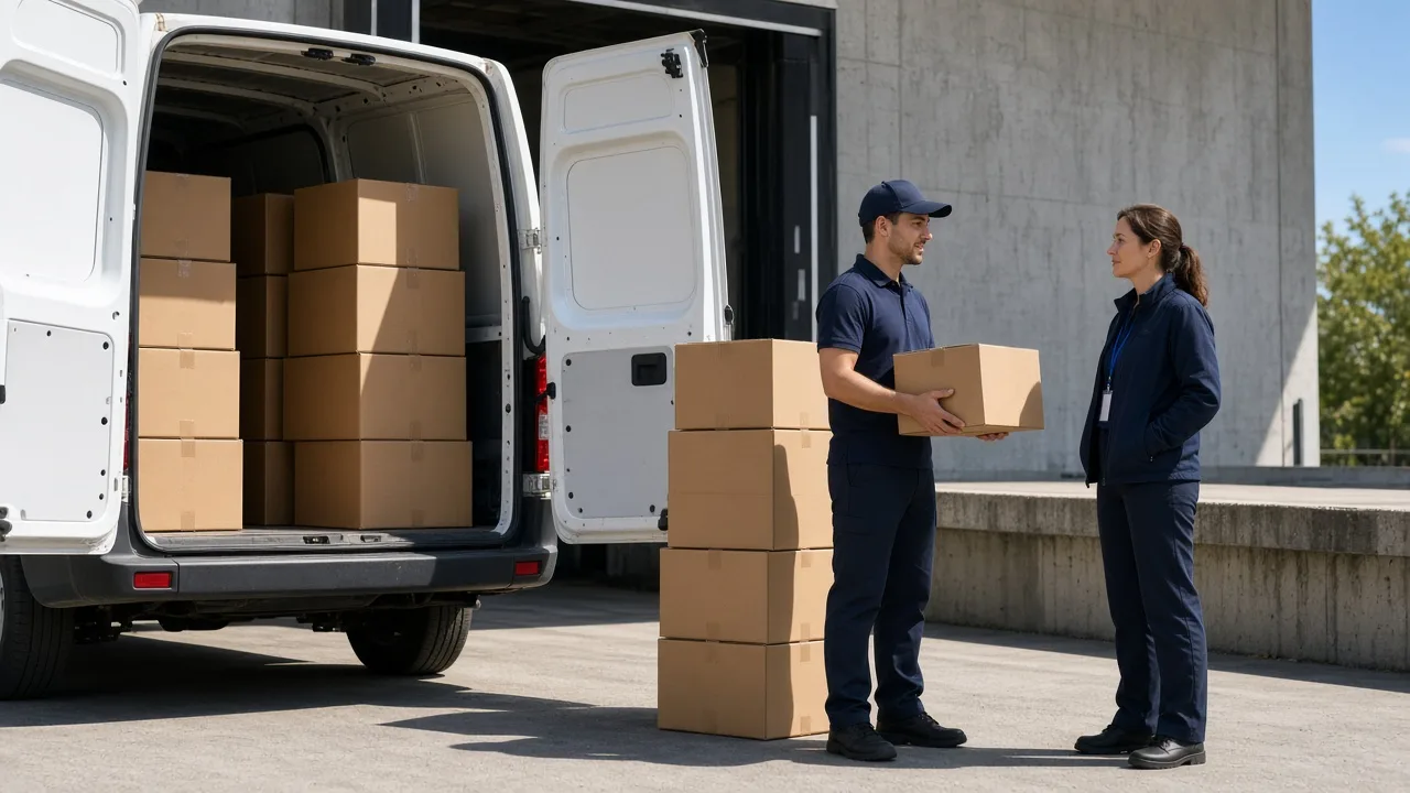 A courier and a coordinator talk beside plain boxes at the open rear of a white van.