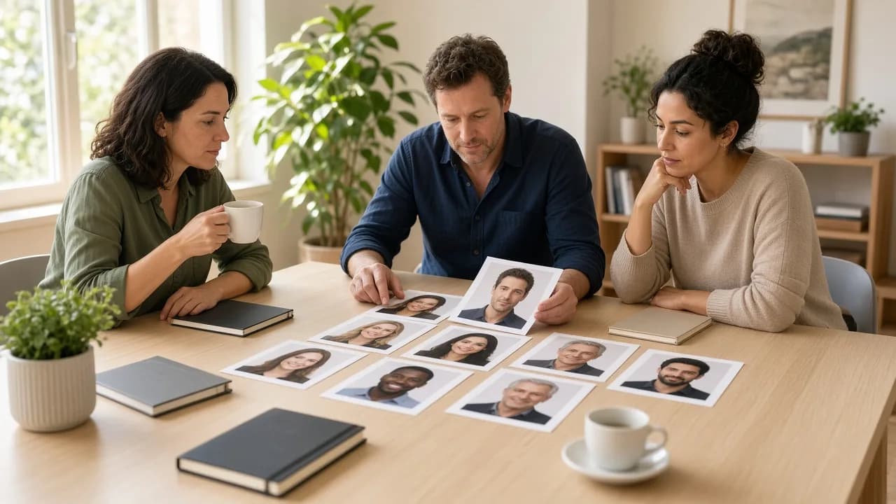 Three colleagues reviewing printed portraits around a bright meeting table.