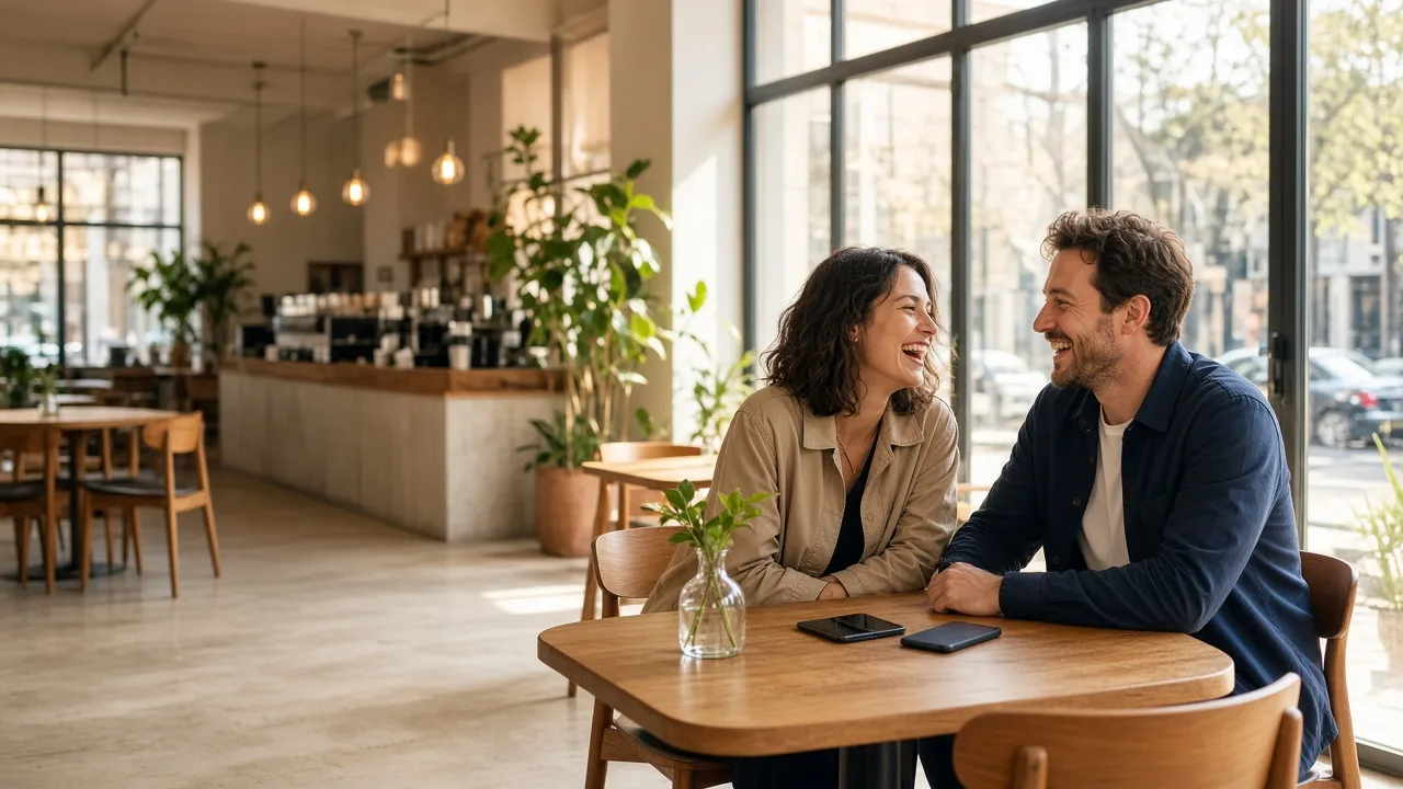 A couple laughing together at a bright cafe window table, with phones placed face down.