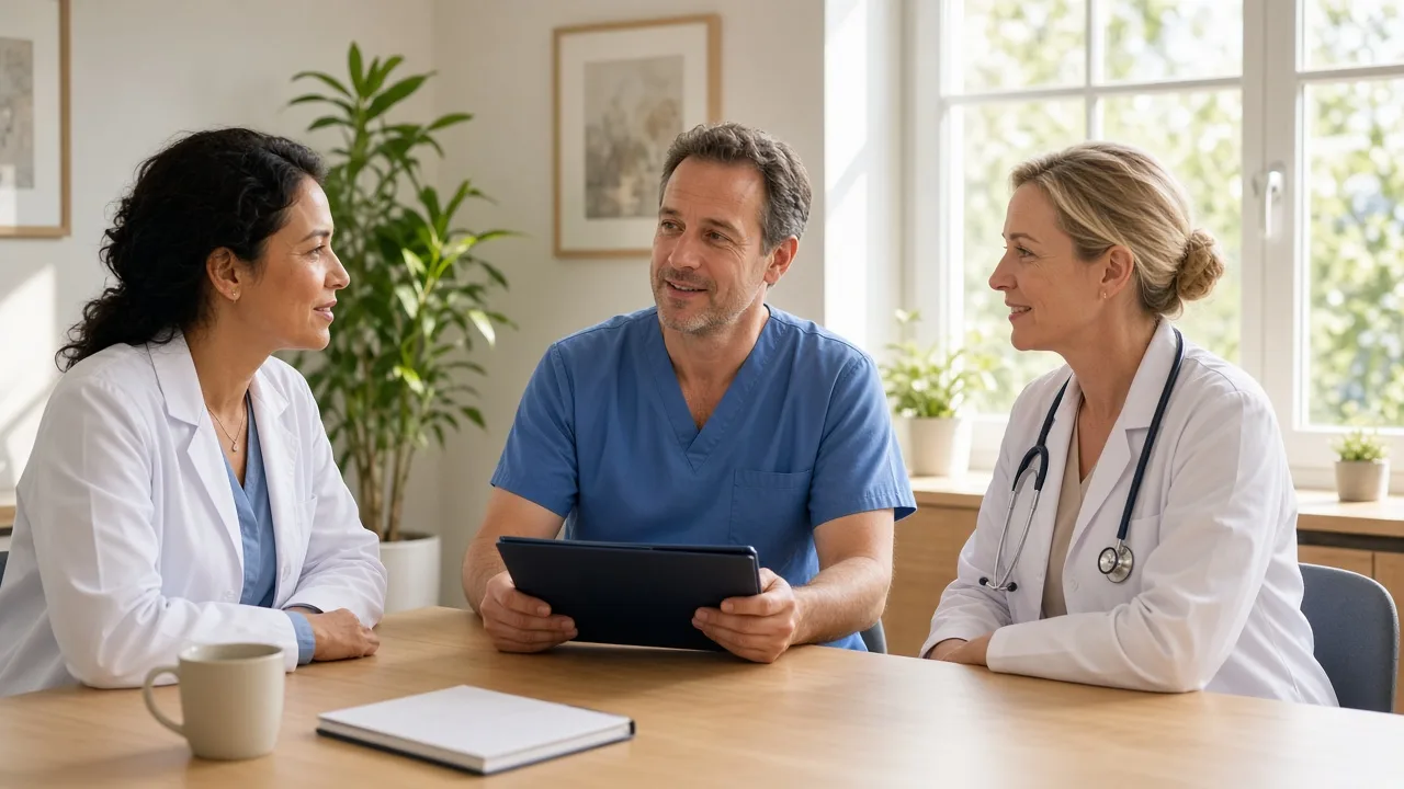Three clinicians talk in a sunny meeting room with a closed folder.