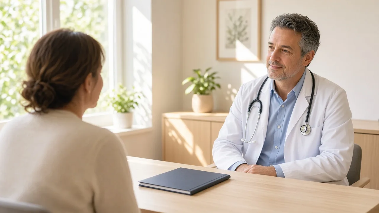 A doctor and a patient talk at a sunlit clinic desk beside a closed folder.