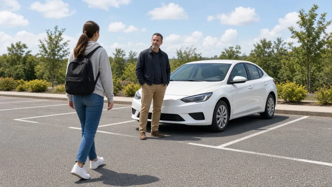 A learner walks toward a plain white car while an instructor waits.