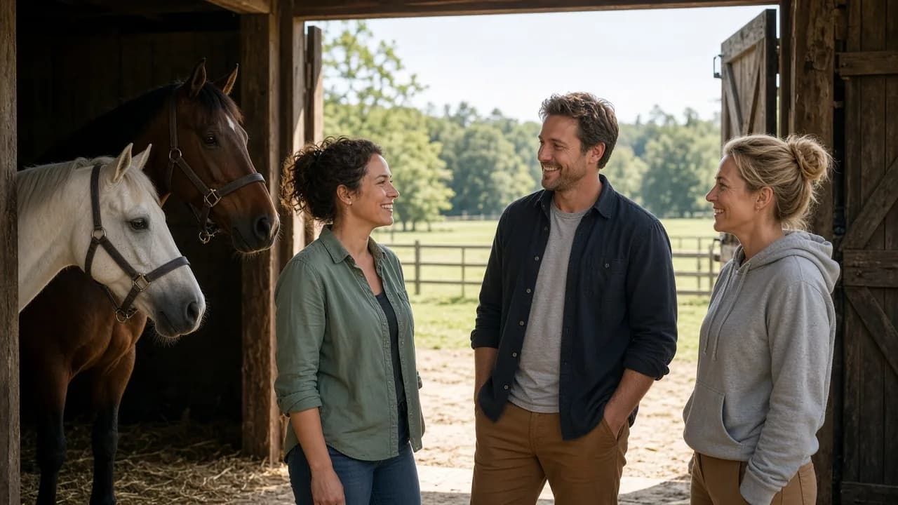 Three people talk beside horses in a sunny barn doorway.