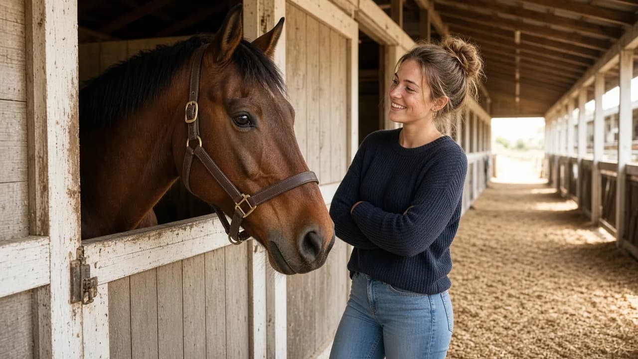 A person stands beside a horse in a sunny barn aisle.