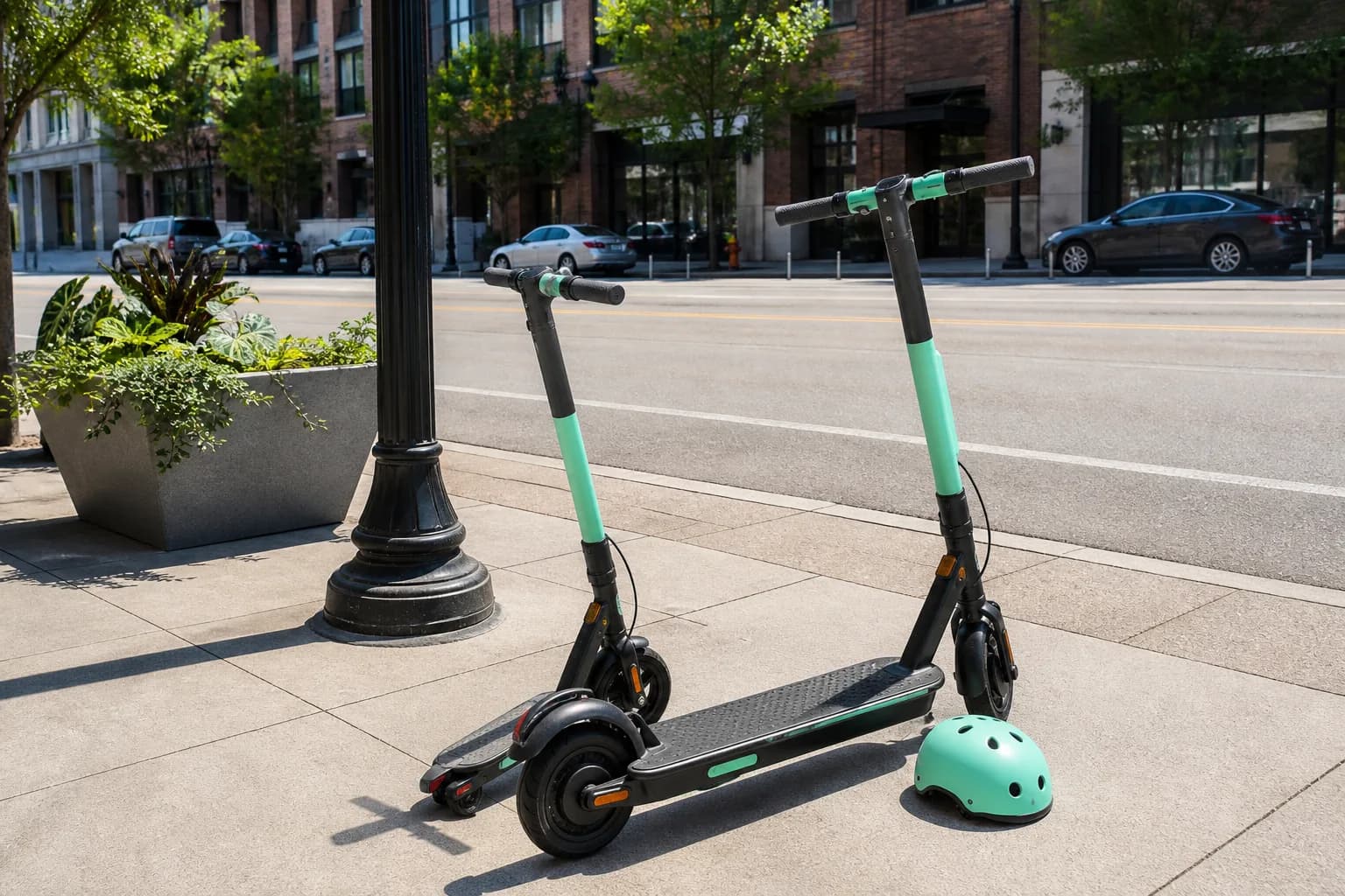 Bright USA urban sidewalk with parked electric scooters and mobility signage