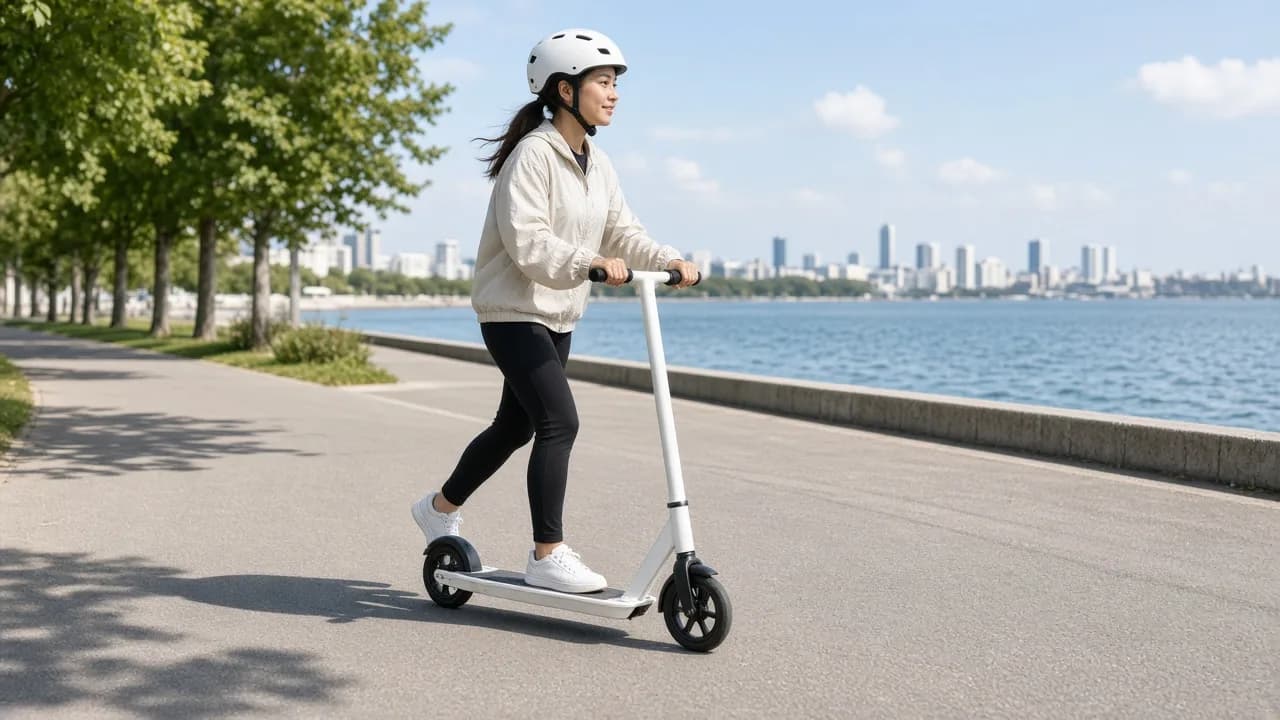 A helmeted rider glides on a plain white scooter along a sunny waterfront path.