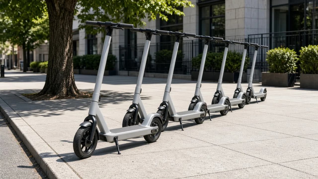 Several plain light gray electric scooters are parked on a sunny sidewalk.