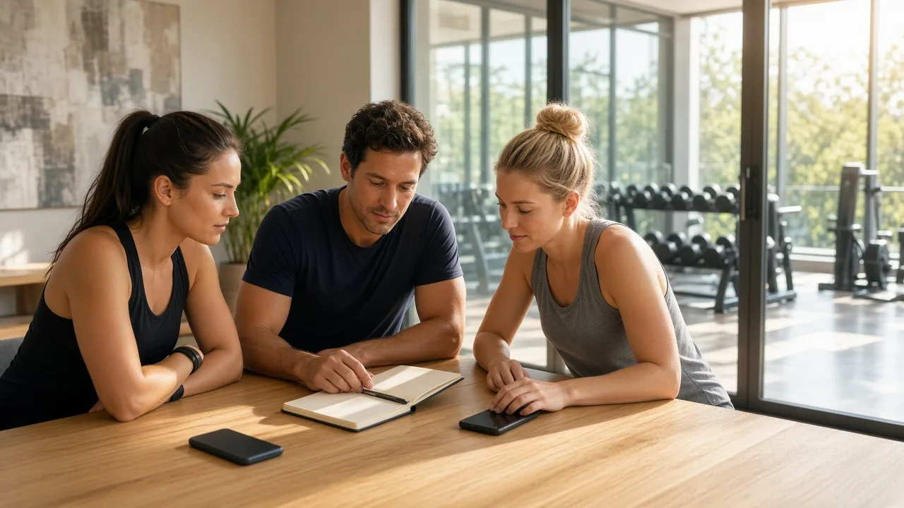 Three fitness professionals plan around a closed notebook in a bright meeting room.