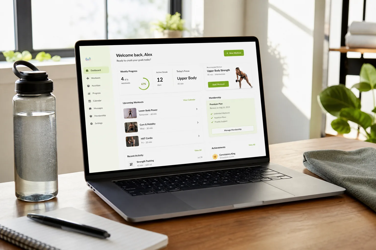 Laptop showing a fitness platform dashboard with workouts, nutrition tracking, and wellness analytics