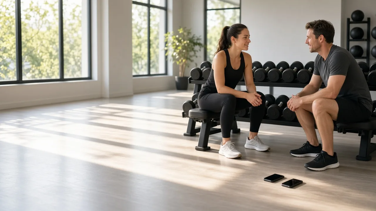 A trainer and a client talk beside dumbbells in a sunny gym.