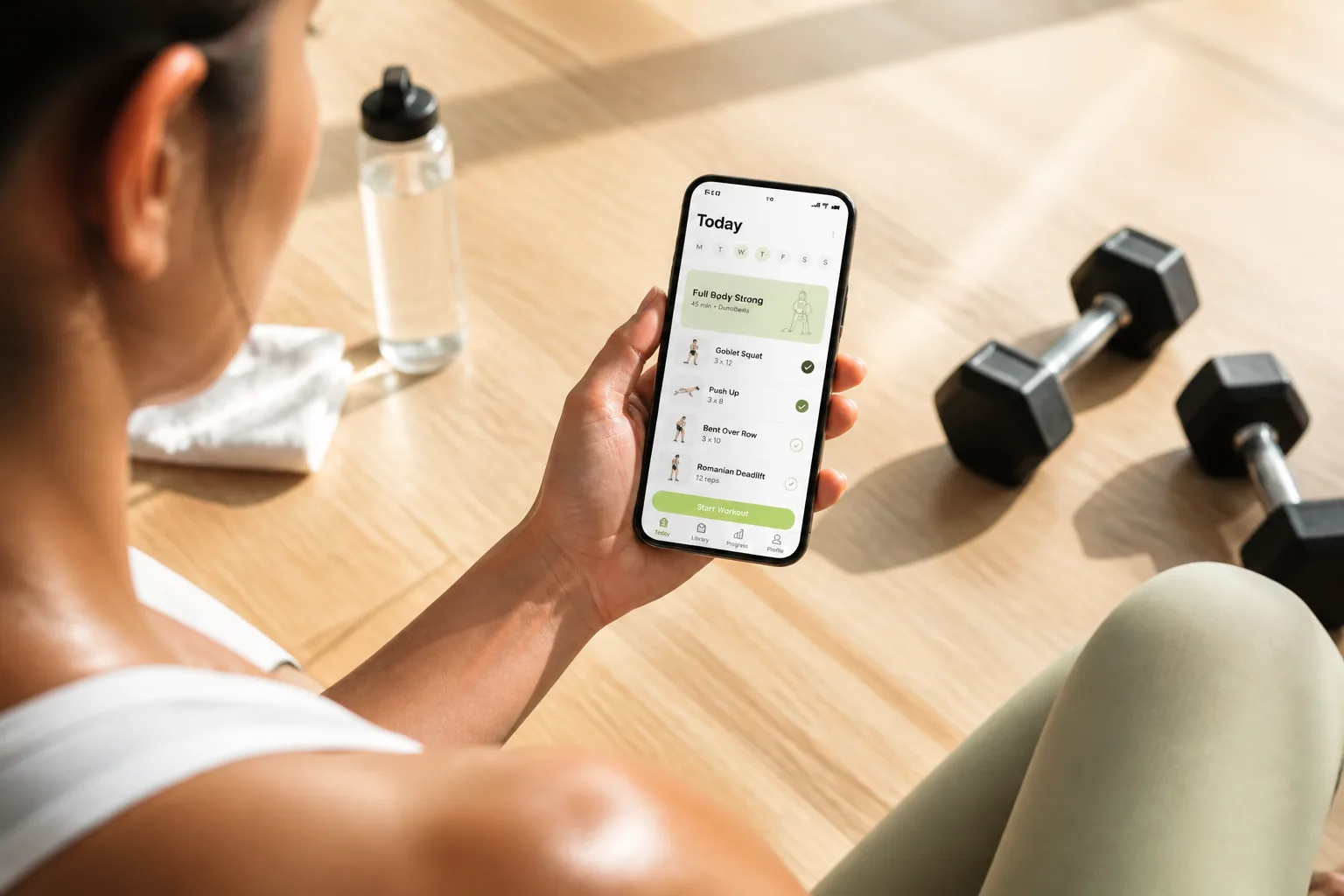 Fitness app with personalized workout plans, exercise tracking, progress monitoring, and live coaching