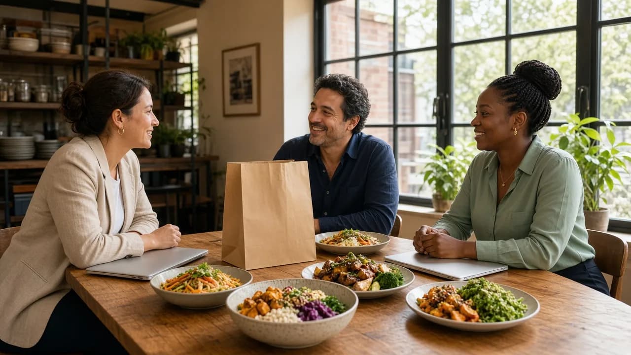 Team planning around a table of prepared meals and a delivery bag in a bright restaurant office.