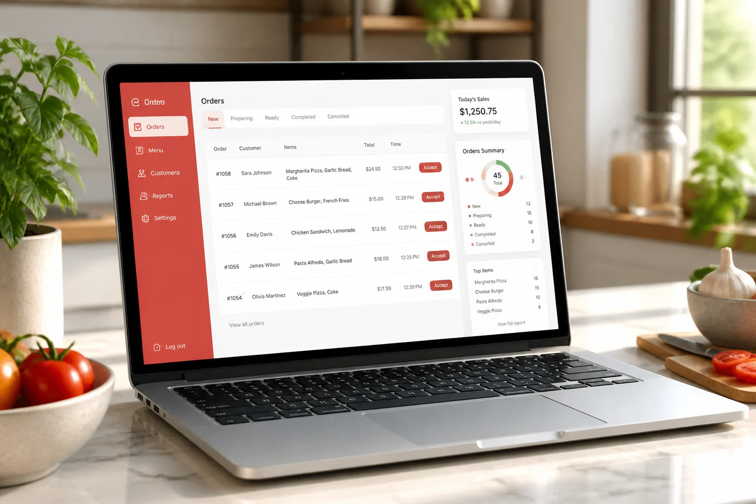 Laptop showing a food delivery platform dashboard with orders, restaurant management, and delivery analytics