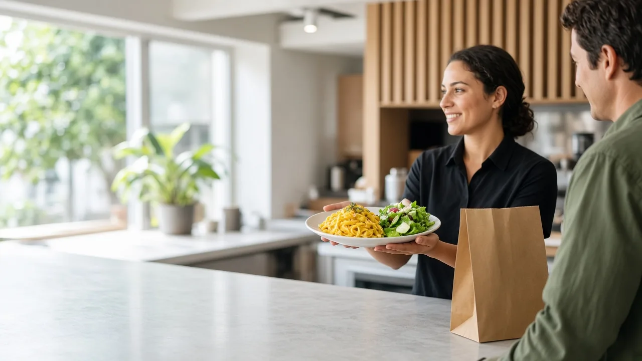Bright restaurant counter where a server presents pasta and salad beside a takeaway bag.