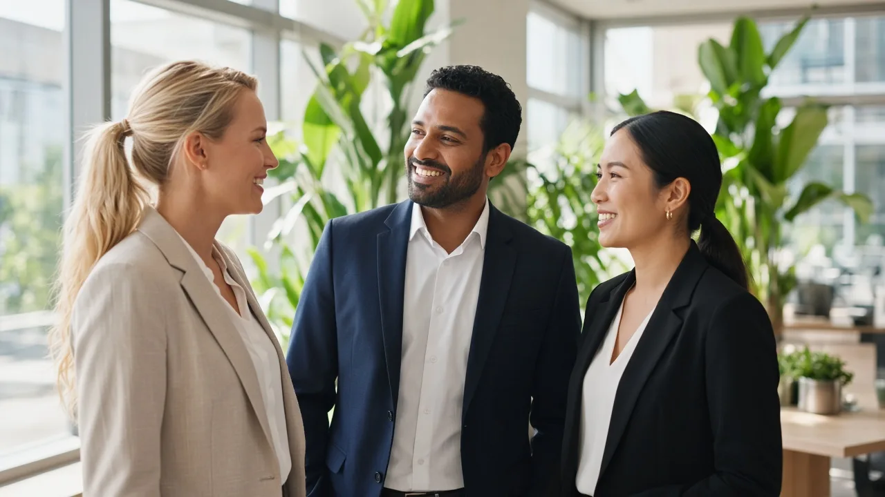 Three finance professionals talk in a sunny office with plants.