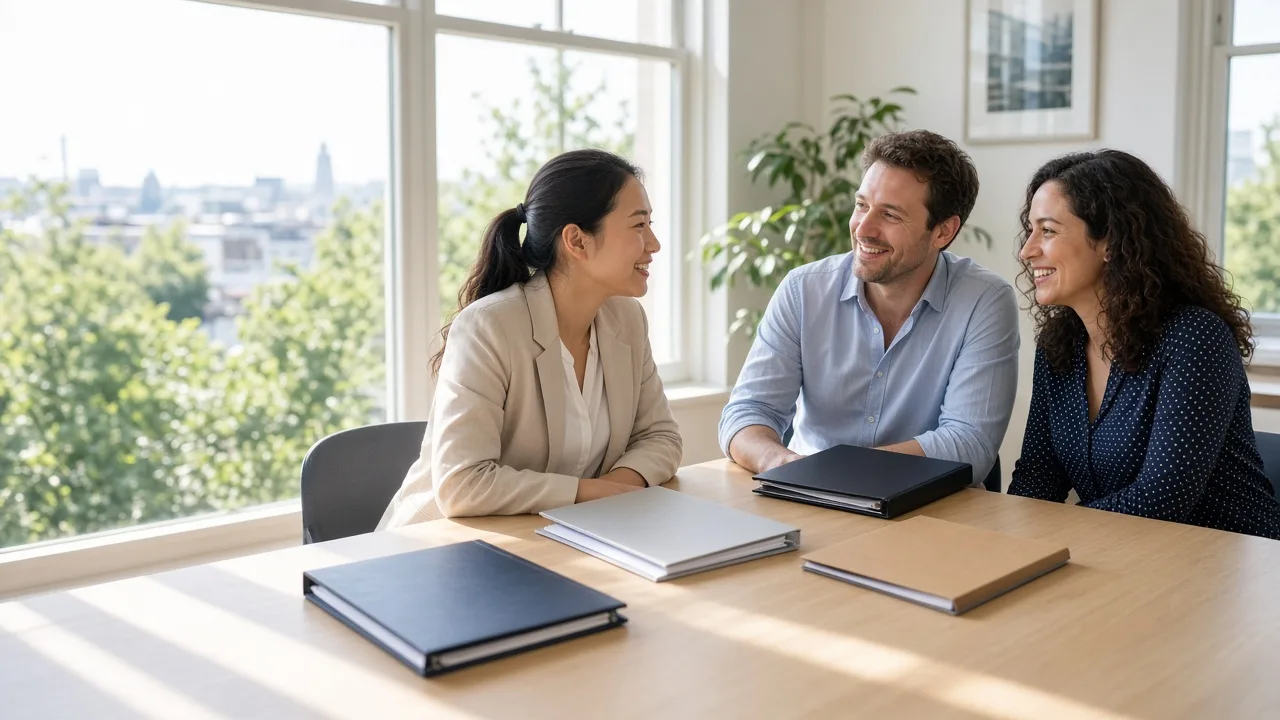 A small finance team gathers around a sunny table with closed folders.