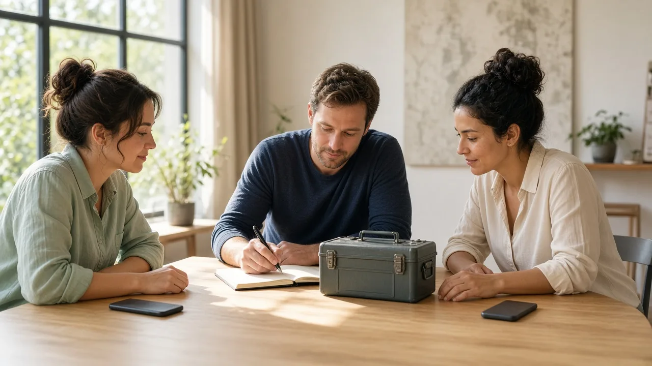 Three people plan around a closed notebook and a small toolbox in a bright meeting room.