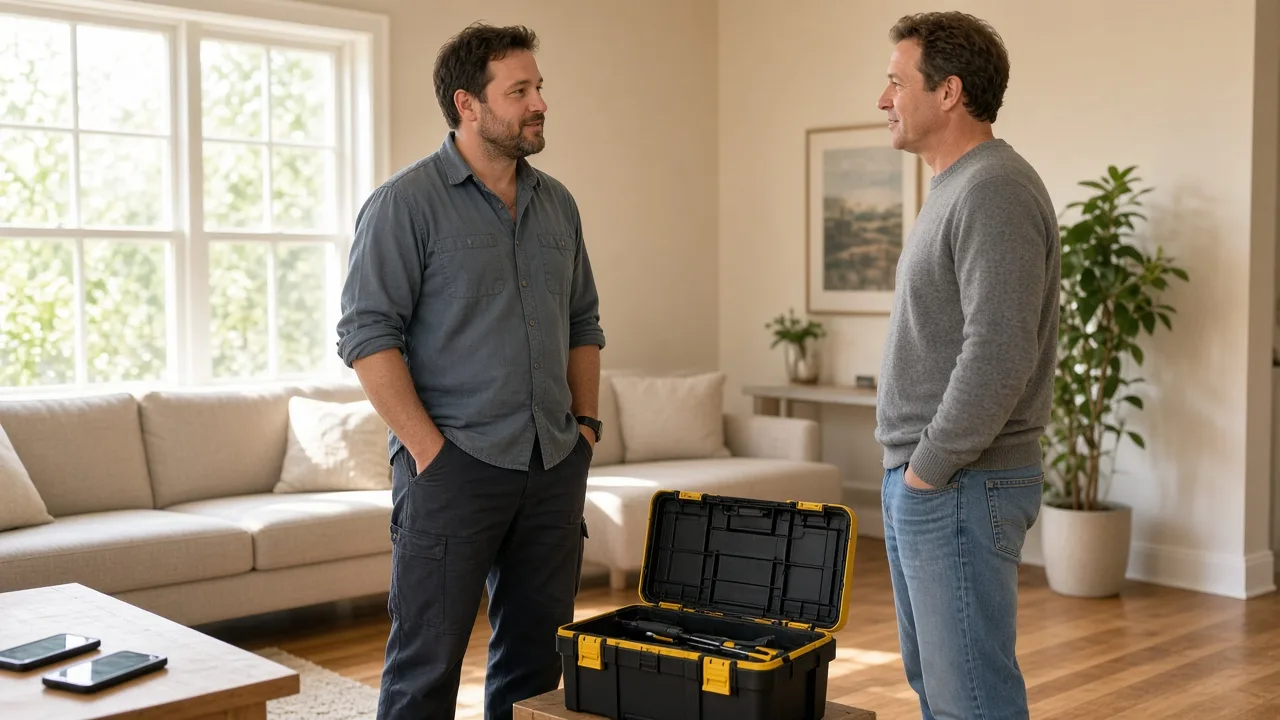 A handyman and a homeowner talk in a sunny living room beside an open toolbox.