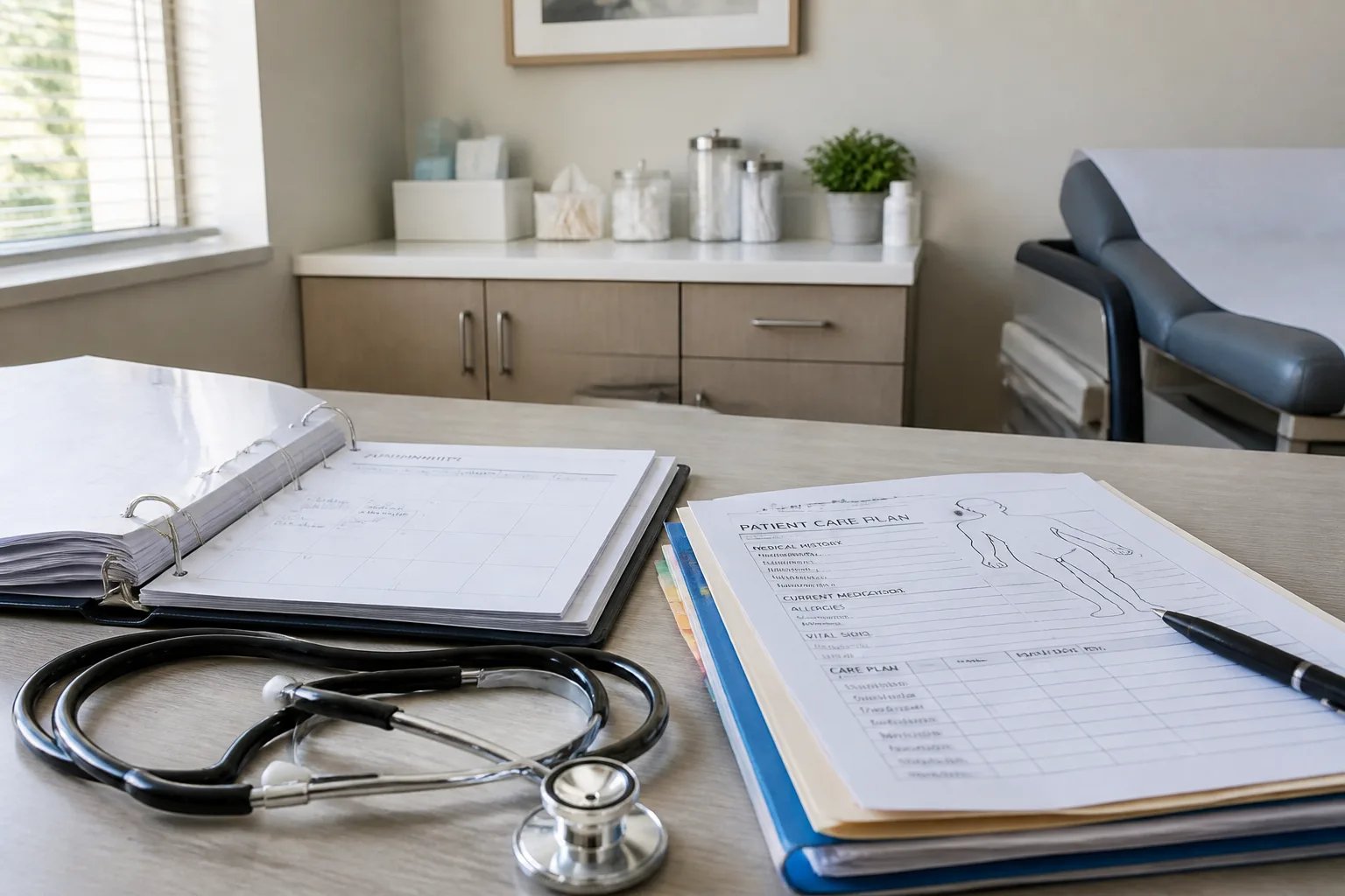 Bright USA clinic workspace with medical charts and care coordination binders