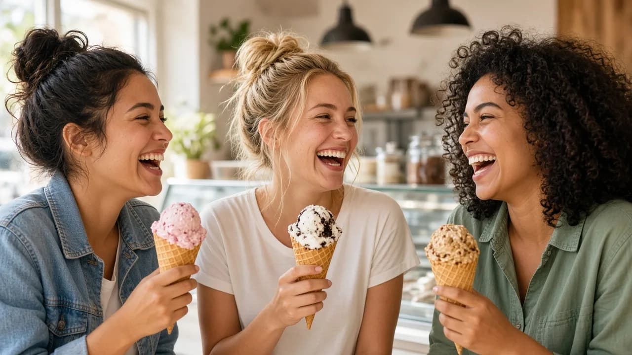 Three friends laugh with ice cream cones in a sunny shop.