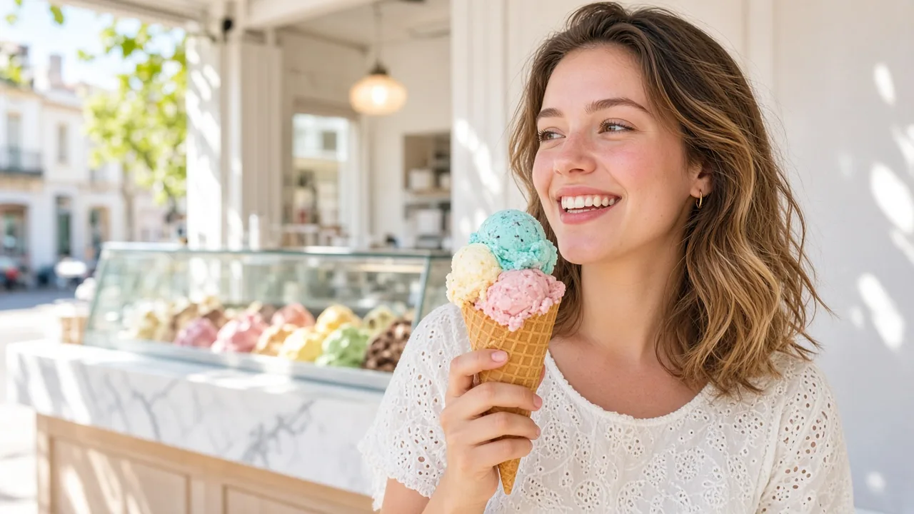 A person holds a colorful ice cream cone in a sunny shop.