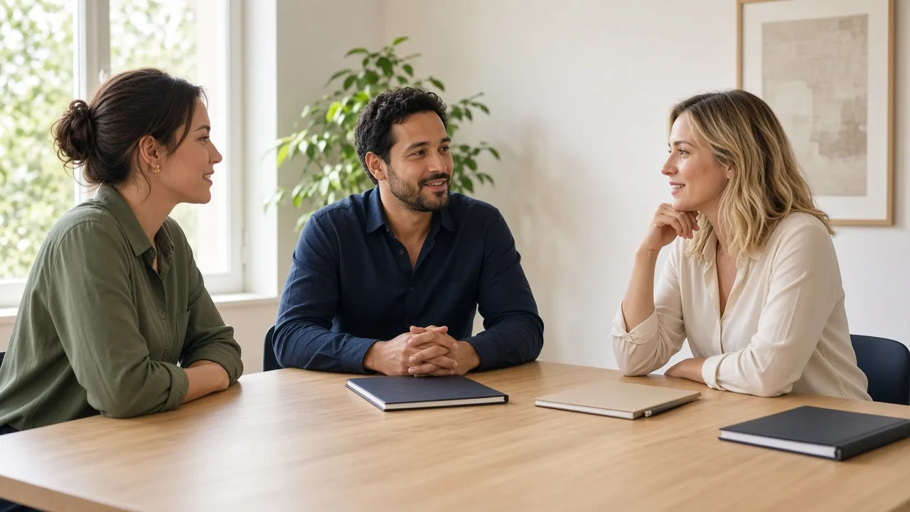 Three colleagues talk in a sunny meeting room beside closed folders.