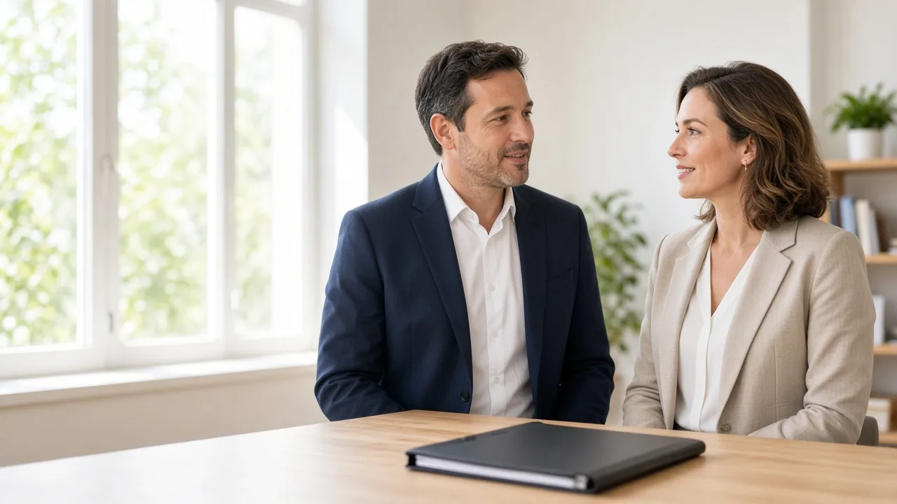 Two professionals talk in a sunny office beside a closed folder.