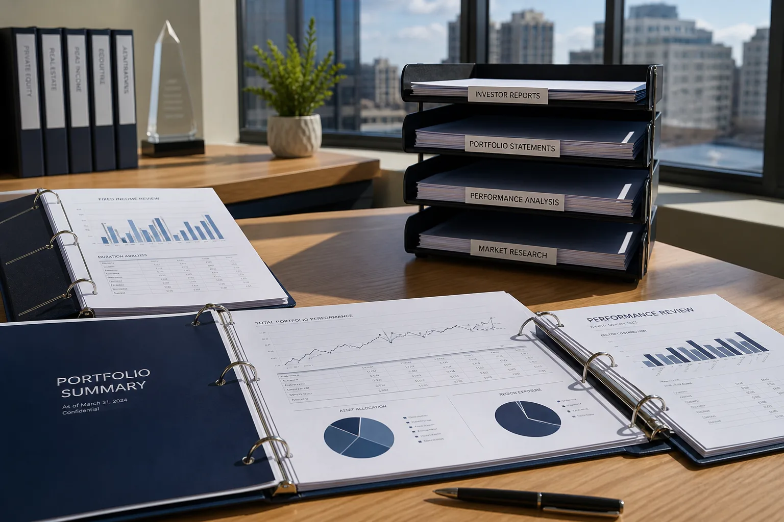 Bright USA investment office with portfolio binders and performance reports